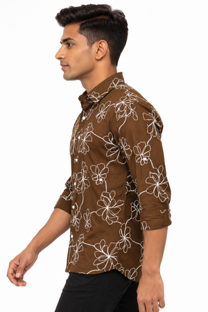 Brown Floral Embroidery Shirt
