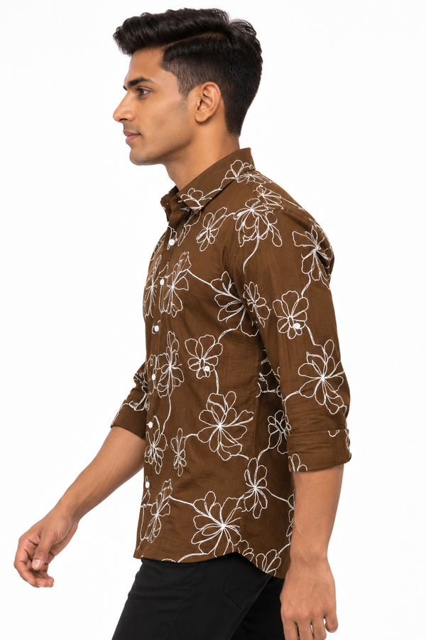 Brown Floral Embroidery Shirt