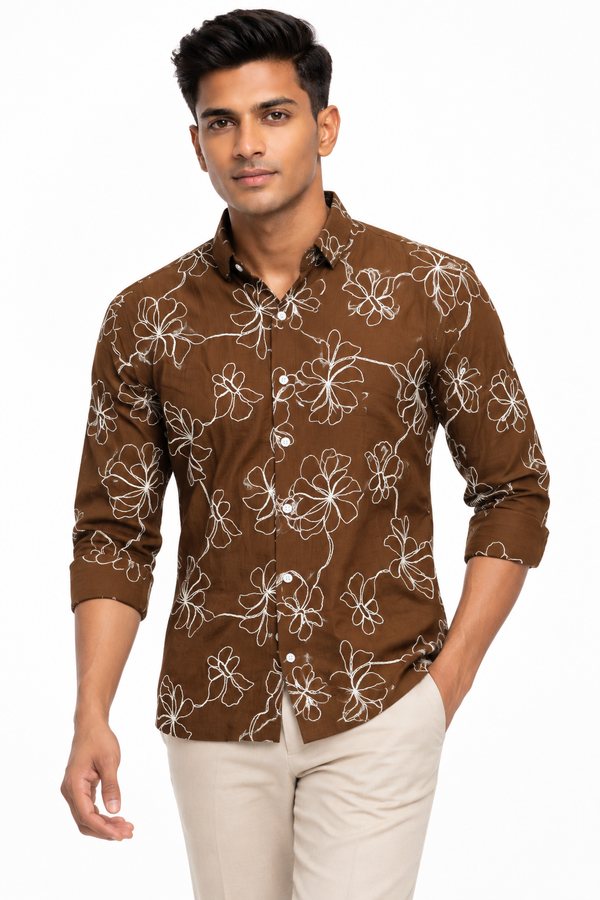 Brown Floral Embroidery Shirt